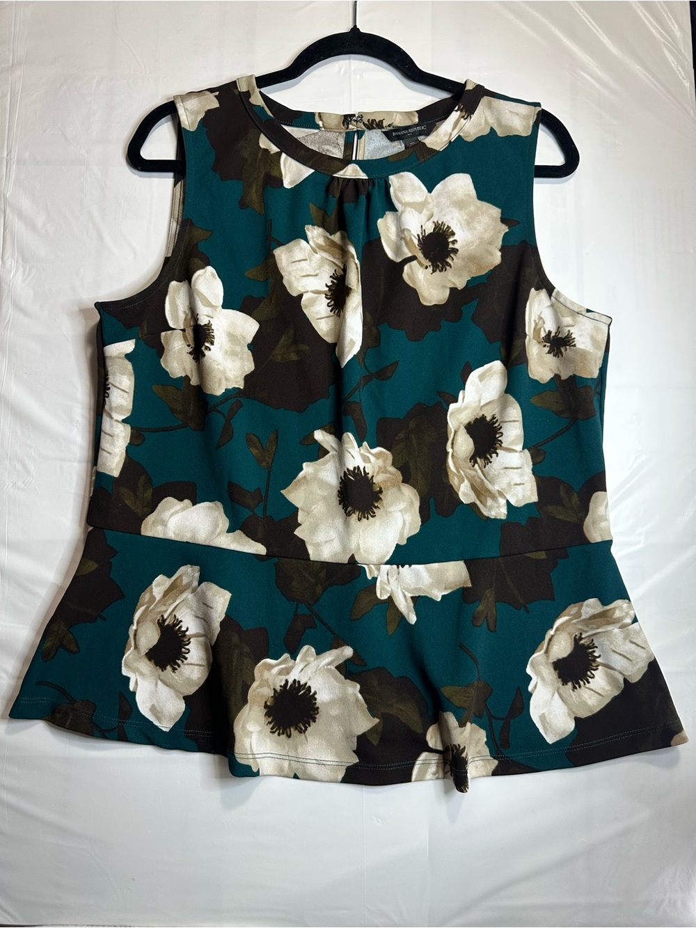 Banana Republic Womens XL Teal Floral Round Neck Sleeveless Peplum Blouse